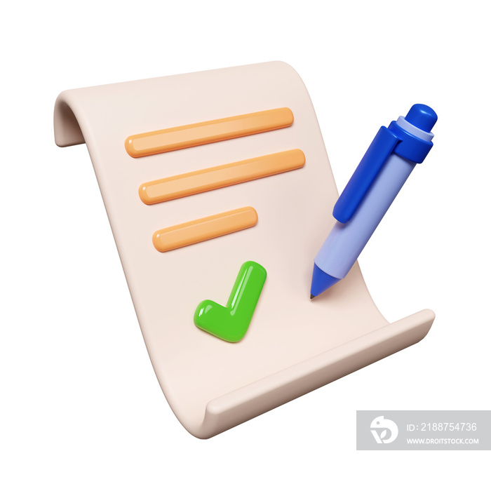 3d correct document. paperwork approved. accepted, ok, right. document clipboard with a pen and green checkmark. icon isolated on white background. 3d rendering illustration. Clipping path.