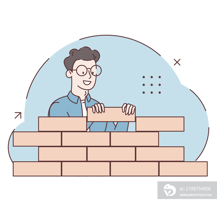 Happy man building a wall with bricks. Business start from the first brick. Startup. Building and construction industry concept. Young man worker cartoon character builder. Flat design. Illustration