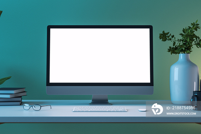 Front view on blank white modern computer monitor with space for web design, website, landing page on light work table with eyeglasses and keyboard on green wall background. 3D rendering, mock up