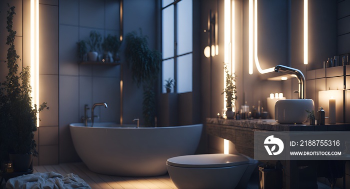 Photo of a modern bathroom with a sleek design featuring a toilet, sink, and bathtub