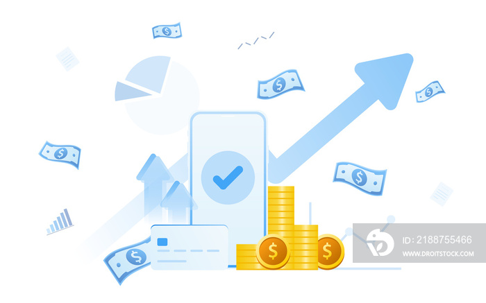 Financial management concept and investment, Flat design of payment with money, cash, banknote, calculator and credit card. Vector Illustration and banner template.