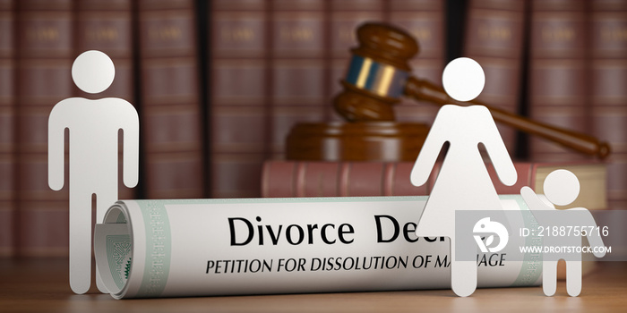 Divorce and custody child concept. Divorce decree, gavel and family silhouette on book background.