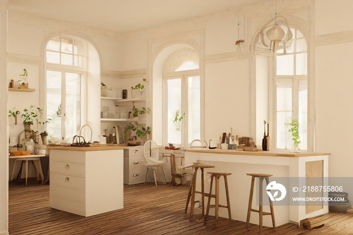 3D rendering of a rustic chic style kitchen