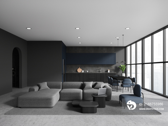 Grey studio flat interior with chill and dining area, panoramic window