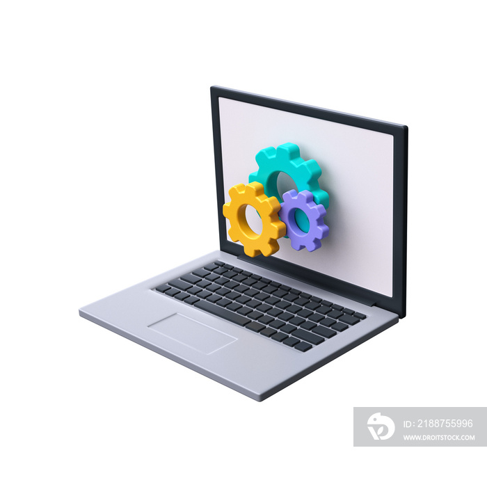 3d Laptop and gears icon. Technical support icon. Computer service.