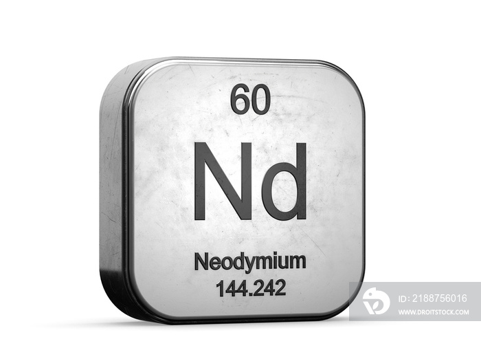 Neodymium element from the periodic table series. Metallic icon set 3D rendered on white background