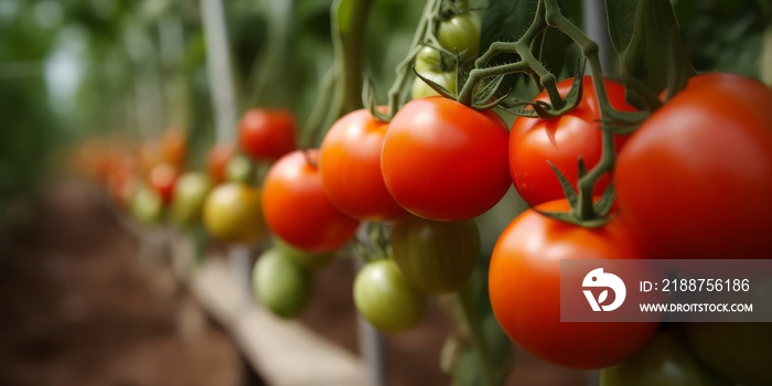 Ripe juicy red tomatoes in the greenhouse.