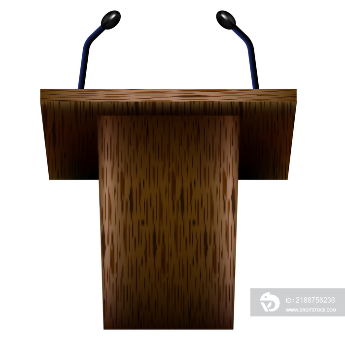 3D realistic empty wooden announcement lecture speech podium or pedestal stand with microphone isolated on white background