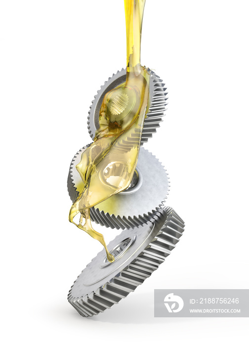 Lubricant. Gears drenched in oil on a white background. 3d illustration