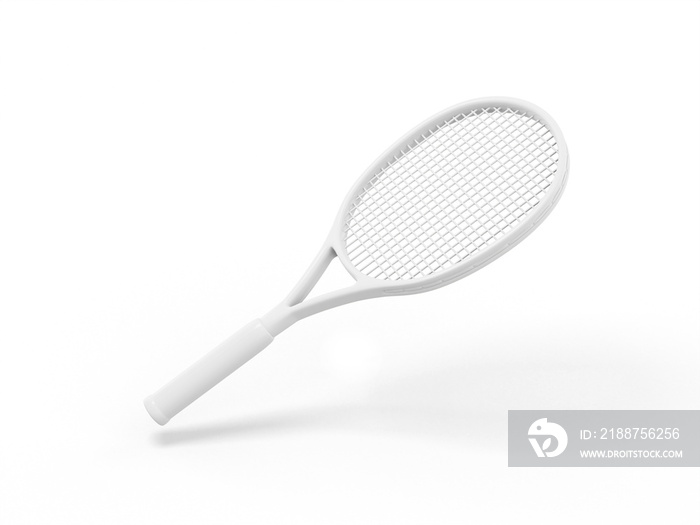 White mono color tennis racket on a white solid background. Minimalistic design object. 3d rendering icon ui ux interface element.