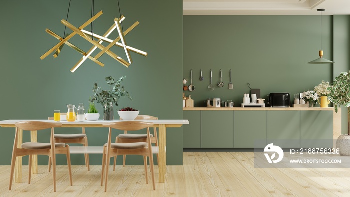 Modern dark green kitchen and minimalist interior design.