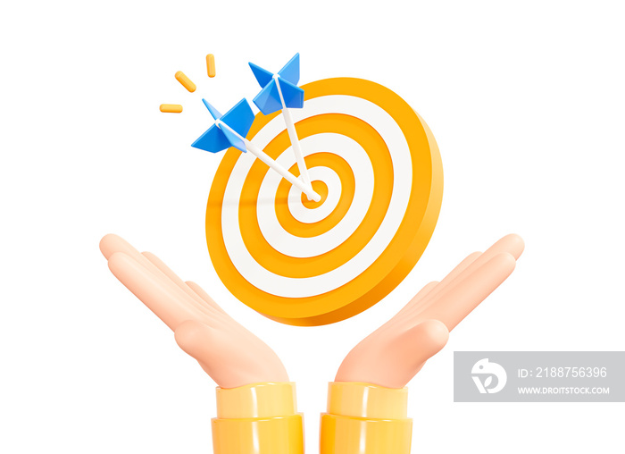 3D Focus on business target. Concentration to achieve success. Businessman hand hold target with dart in center. Objective achieved. Cartoon creative design isolated on white background. 3D Rendering