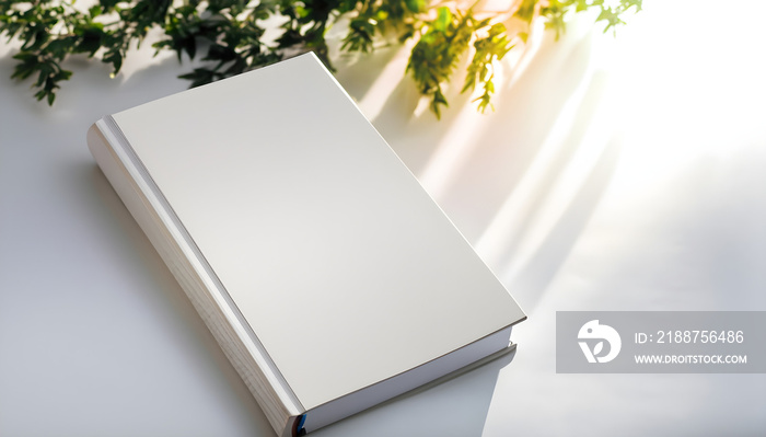 open book with leaf,A white book placed on a white background with sunlight filtering through the tree