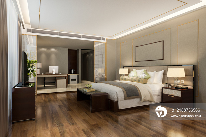 3d rendering beautiful luxury bedroom suite in hotel with tv and working table