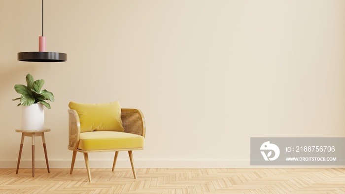 Modern living room interior with yellow armchair on empty cream color wall.