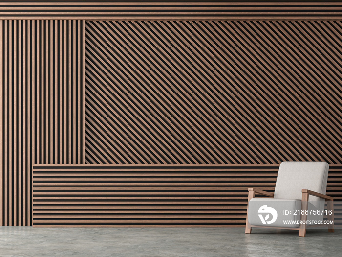 Wood battens wall idea 3d render,Decorate with loft style chair,Sunlight shining to the wall.