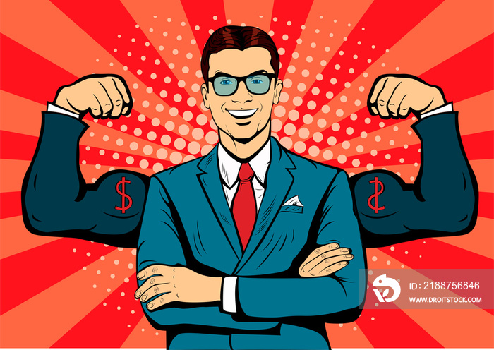 Man with muscles currency dollar pop art retro style. Strong Businessman in glasses in comic style. Success concept vector illustration.