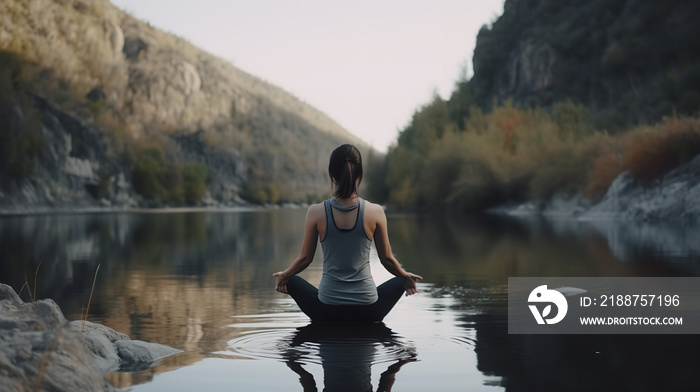 Rear view of a person doing yoga or exercising in a serene natural setting, with their face not visible, and focusing on their body posture, movement, and mindfulness. Showcasing the concept of health