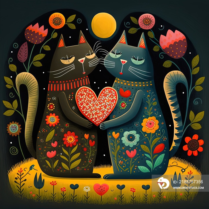 illustration of cute lover couple cat cuddle in garden during spring time with blossom flowers