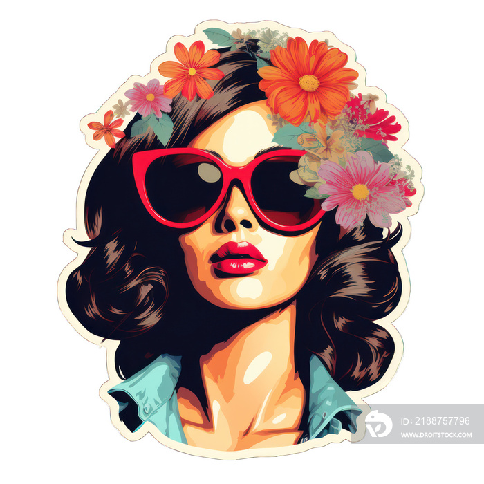 female energy flower power illustration sticker, woman surrounded by flowers