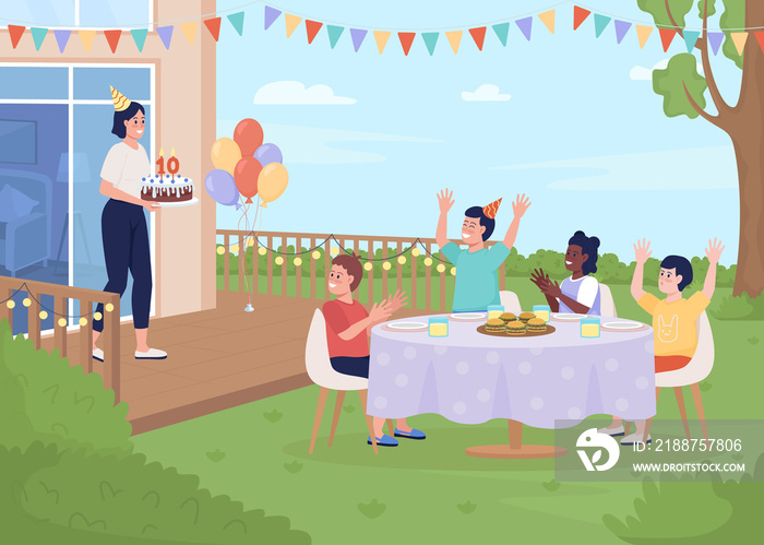 Kids celebrating birthday flat color raster illustration. Birthday cake and helium balloons. Summertime event. 2D simple cartoon children partying with decorated backyard on background