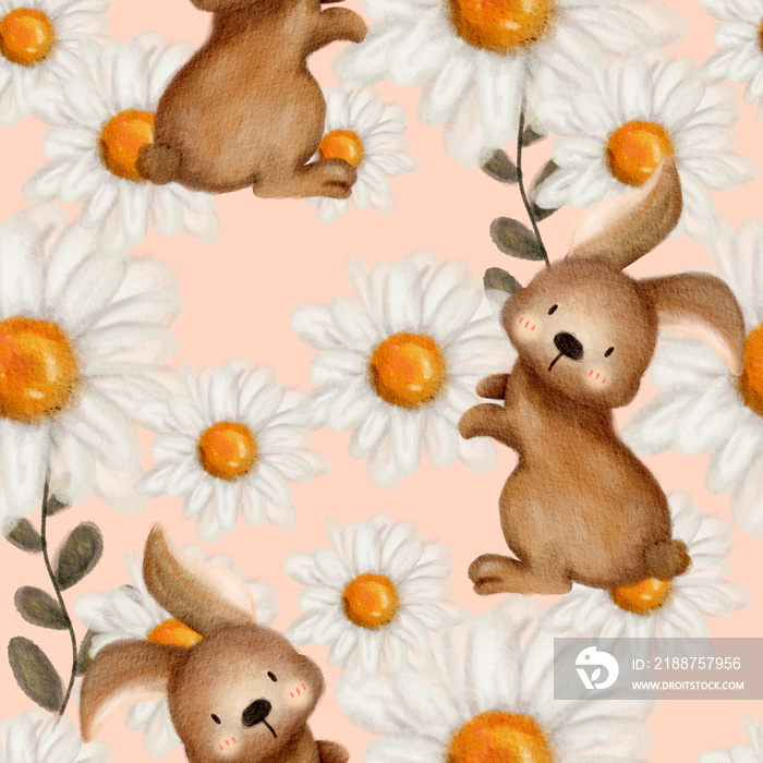 Rabbit and daisy flower watercolor seamless pattern.cartoon character hand drawn illustration.cute rabbit on pink background.design for texture,fabric,clothing,wrapping paper,decoration,fashion kid.