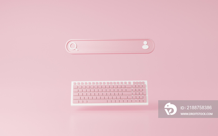 keyboard Minimal Blank 3d illustration search bar pink coloured. Searching, Find people or stories love of interest on the internet and social media. Information Networking Concept