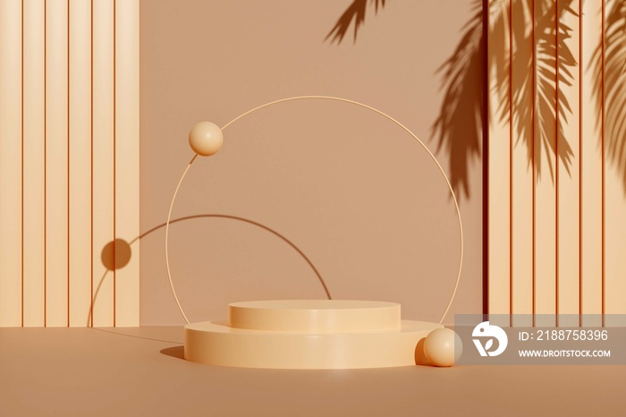 Podium empty with ball and geometric shapes, and shadow nature leaves in beige composition for modern stage display and minimalist mockup, abstract showcase background. 3d illustration