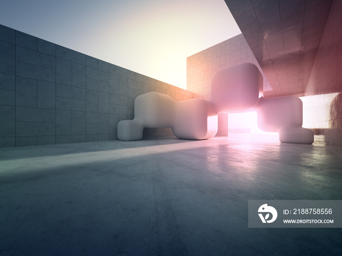 Empty concrete floor in minimal architecture. 3d rendering of abstract gray building with smooth cube sculpture background.