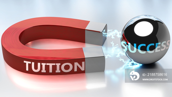 Tuition helps achieving success - pictured as word Tuition and a magnet, to symbolize that Tuition attracts success in life and business, 3d illustration