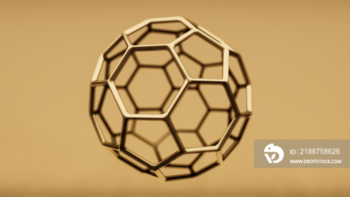 Buckminsterfullerene C60 Molecule model, allotrope of fullerene carbon atoms, round sphere with hexagonal rings or mesh, molecular 3D illustration