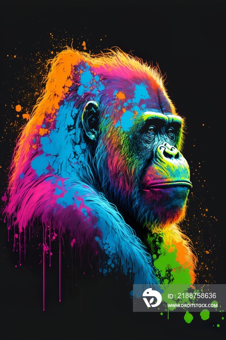 Painted animal with paint splash painting technique on colorful background orangutan