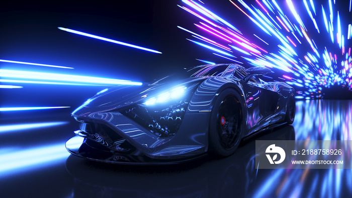 3d rendered illustration of a generic race car in a tunnel with lights flying by