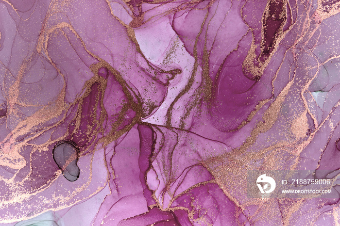 Alcohol ink purple abstract background. Floral style watercolor texture. Violet and gold paint stains illustration.