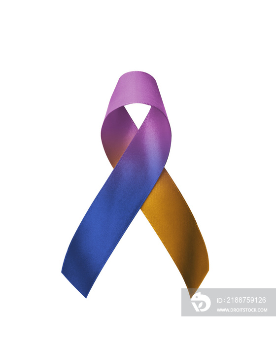 Bladder cancer awareness ribbon with marigold purple blue bow isolated on white background with clipping path
