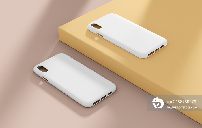 Two smartphone case mockup, blank cover template isolated on a simple background in 3D rendering. White cellphone plastic protector for branding design presentation