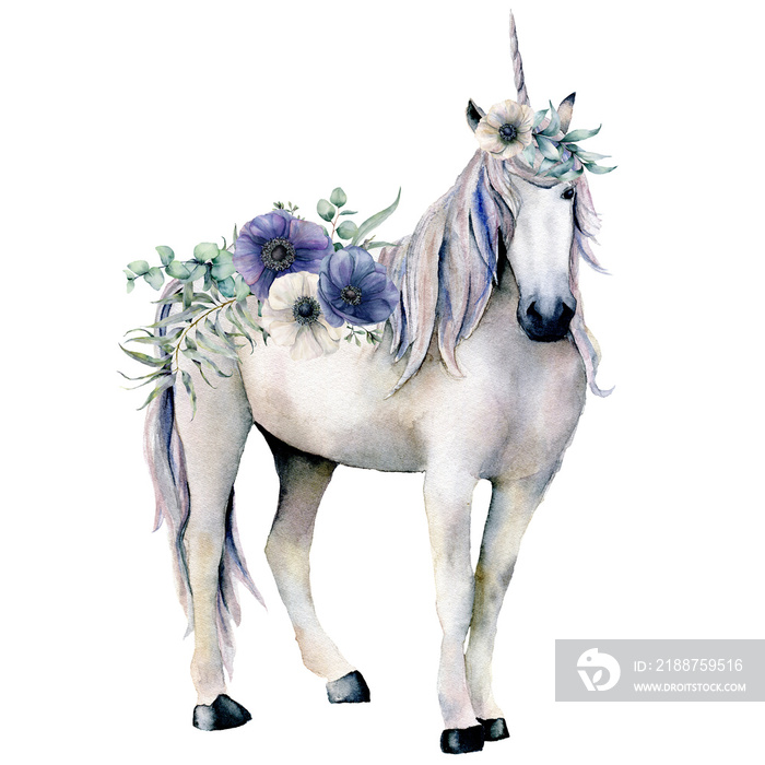 Watercolor elegant white unicorn with anemone flowers bouquet. Hand painted magic horse, white and blue anemone isolated on white background. Fairytale character illustration for design, print.