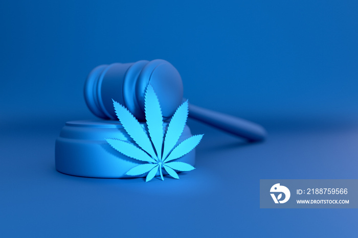 A cannabis leaf lies next to the judge’s hammer, the concept of legalizing or banning marijuana, an abstract blue background, tinted.3D rendering.