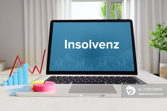 Insolvenz – Business/Statistik. Laptop im Büro mit Begriff auf dem Monitor. Finanzen/Wirtschaft.