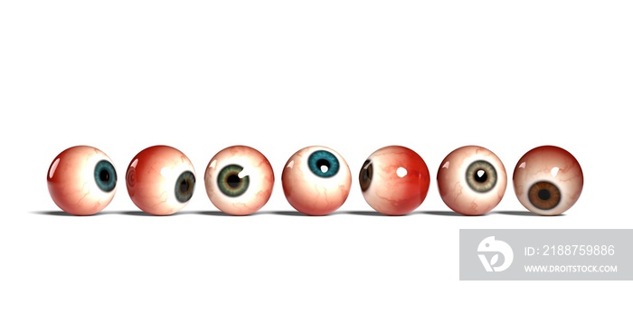 seven realistic human eyes with different iris, isolated on white background. 3d render