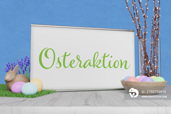 Osteraktion Schild/Werbung. Dekoration für Ostern mit Banner, Ostereier, Osterhase, Nest und Zweigen.