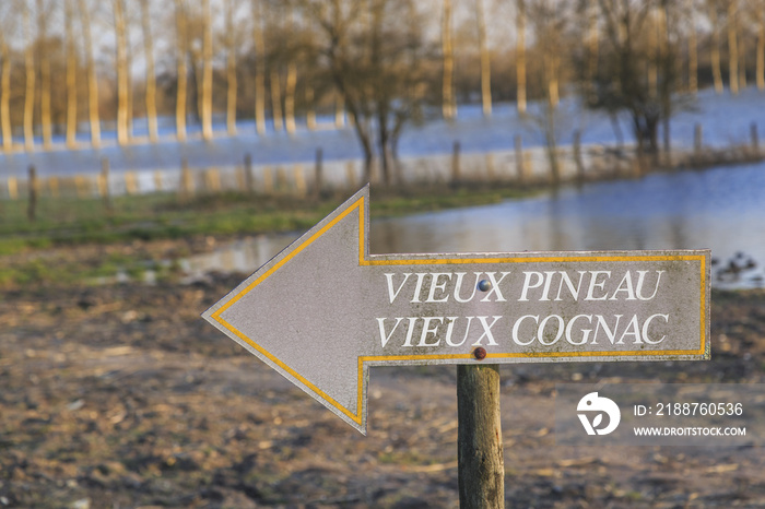 Wooden panel indicating old Cognac and Old Pineau alcohol ( Vieux Pineau vieux Cognac  in French)