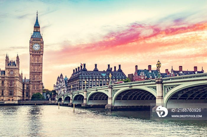 Big Ben, Westminster Bridge on River Thames in London, England, UK