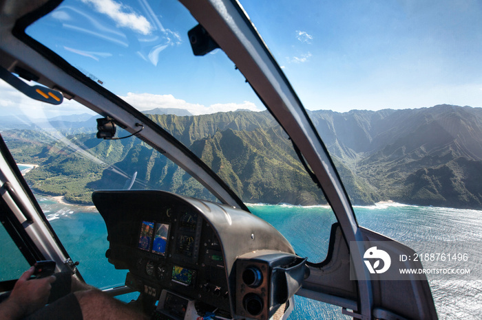 View of the Na Pali Coast from Helicopter Cockpit