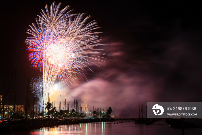 Long exposure of weekly Friday night fireworks display from Waikiki to start the weekend