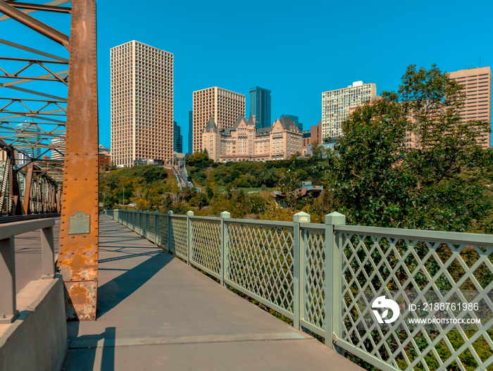 Stunning view of downtown and Low Level Bridge in Edmonton, Alberta, Canada. Taken on sunny summer day.