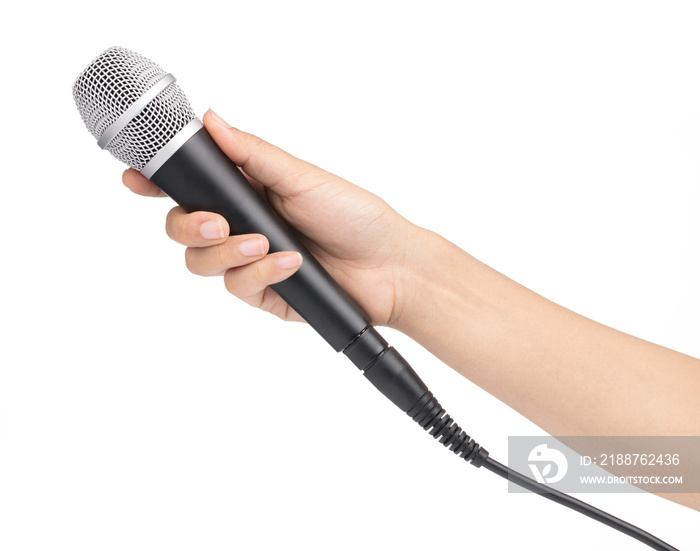 hand hold microphone isolated on white background