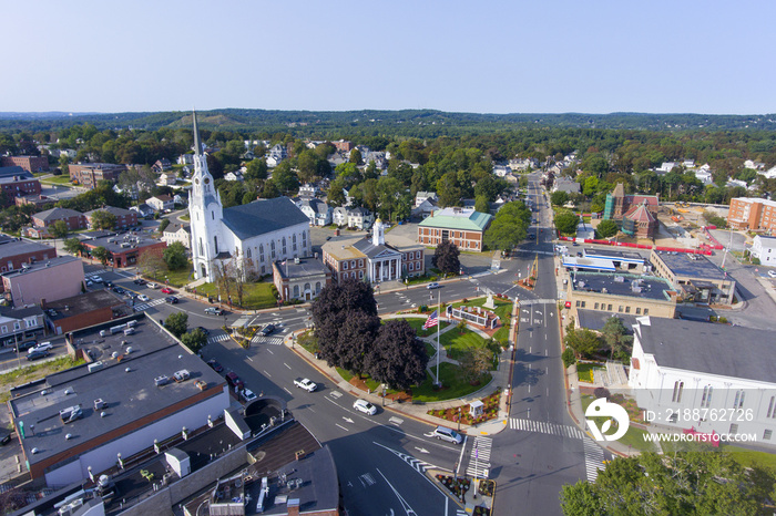 Woburn First Congregational Church aerial view in downtown Woburn, Massachusetts, USA.