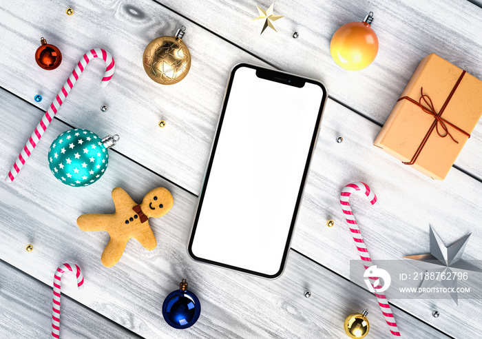 Smartphone blank screen template with Christmas stuff around - giftbox, candy, gingerbread man, balls, stars and beads