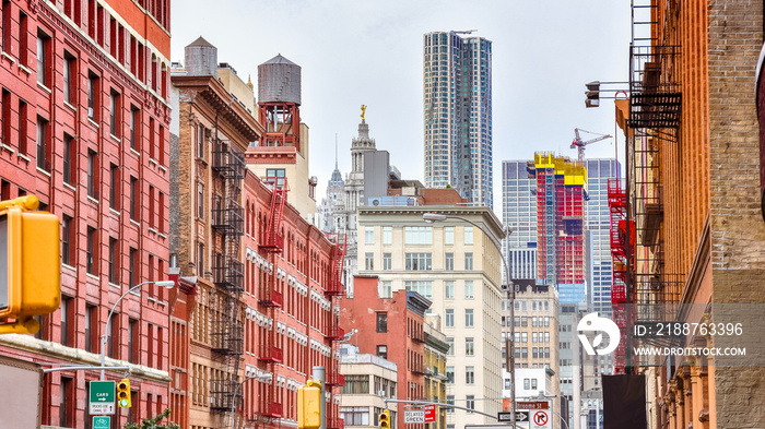 Colourful buildings in a street of Soho. Manhattan, NYC. USA